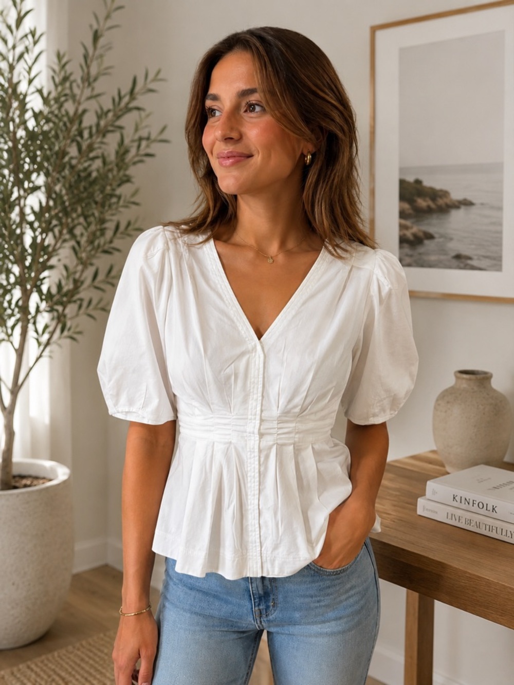 Jason Wu White Cotton Peplum Blouse Puff Sleeve V-Neck Top Size Small